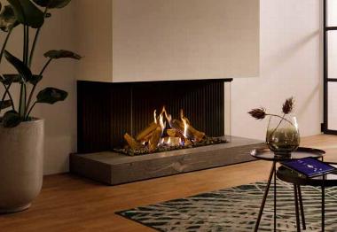 Three sided electric fire in minimal protruding fireplace