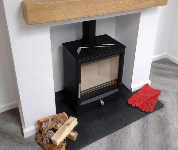 Stove in showroom with slate Hearth