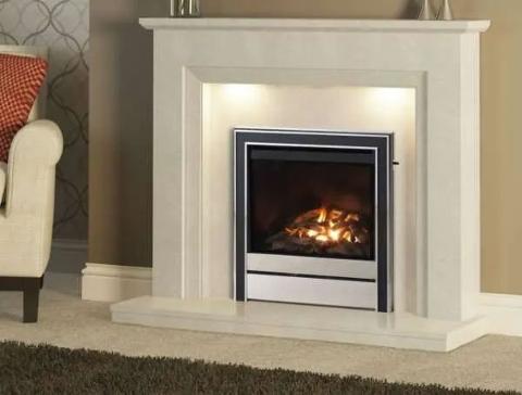 gas fire with wood effect fuel bed in recessed fireplace