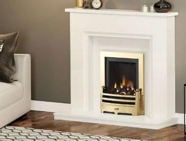 gold inset fireplace with hire marble fireplace surround